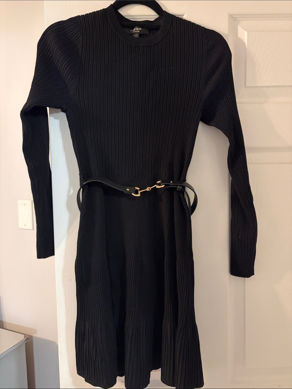 Ever New Black Ribbed Long-Sleeve Knit Dress with Belt Detail